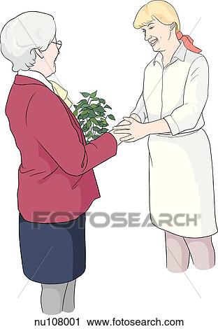 Clip Art - Elderly woman in suit, holding plant, shakes hands with nurse.. Fotosearch