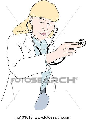 Drawing - Examiner shown from waist up holding stethoscope in place at shoulder level.. Fotosearch