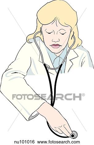Stock Illustration - Examiner's head, shoulders, and right arm shown positioning a stethoscope.. Fotosearch