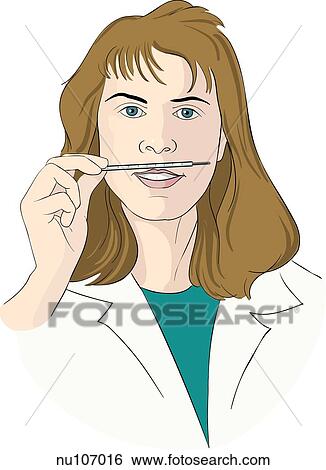 Face of female health professional holding glass thermometer at eye level to read end of mercury column. View Large Illustration Stock Illustration - Face of female health professional holding glass thermometer at eye level to read end of mercury column.. Fotosearch