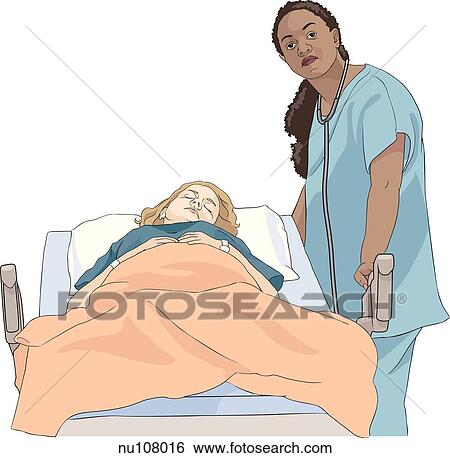 Female hospital staff (nurse) transporting female patient on bed equipped with IV equipment. View Large Illustration Stock Illustration - Female hospital staff (nurse) transporting female patient on bed equipped with IV equipment.. Fotosearch