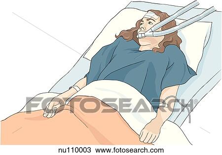 Female patient in bed in intensive care unit. View Large Illustration Drawing - Female patient in bed in intensive care unit.. Fotosearch