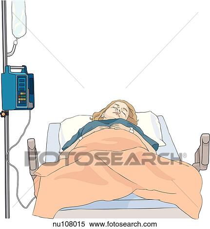 Stock Illustration - Female patient lies flat on bed equipped with IV equipment. Her eyes are closed and her hands rest on her chest.. Fotosearch