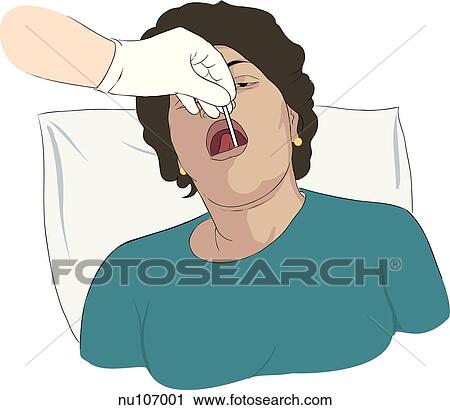 Clip Art - Female patient opens mouth as gloved hand places thermometer under tongue to assess temperature.. Fotosearch