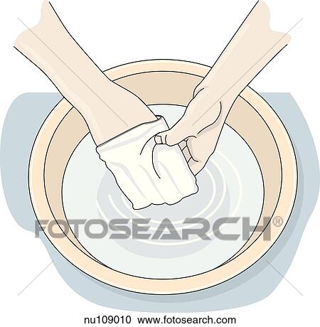 Clipart - Hand enclosed in mitt made from wash cloth dips into water filled basin.. Fotosearch