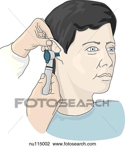 Hands of health care professional insert otoscope into right ear of young man. Patient shown from neck up. View Large Illustration Drawing - Hands of health care professional insert otoscope into right ear of young man. Patient shown from neck up.. Fotosearch