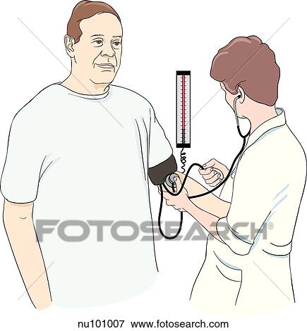 Health care professional measuring blood pressure of male patient in standing position, using wall mounted equipment. View Large Illustration Stock Illustration - Health care professional measuring blood pressure of male patient in standing position, using wall mounted equipment.. Fotosearch