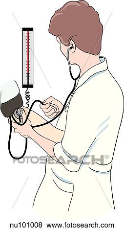 Stock Illustration - Health care professional using wall mounted equipment for measuring blood pressure.. Fotosearch