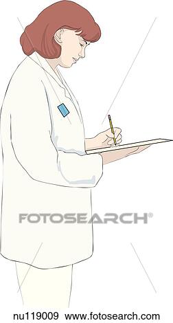 Stock Illustration - Lateral view of nurse writing on clipboard.. Fotosearch
