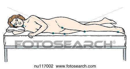 Drawing - Lateral view of woman lying on right side on bed. Right arm is flexed under head, right knee is slightly flexed and placed in front of left leg.. Fotosearch