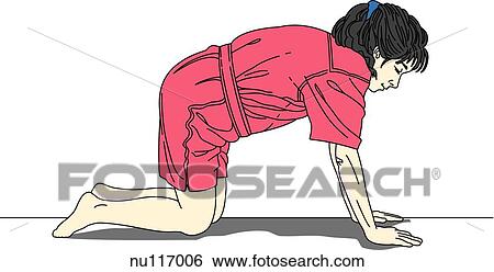 Stock Illustration - Lateral view of woman on her hands and knees, arching her back.. Fotosearch