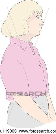 Drawing - Lateral view of worried looking woman in street clothes.. Fotosearch
