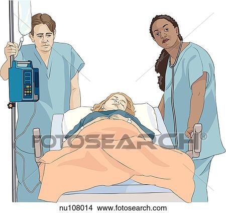 Male and female hospital staff (nurses) transporting female patient on bed equipped with IV equipment. View Large Illustration Stock Illustration - Male and female hospital staff (nurses) transporting female patient on bed equipped with IV equipment.. Fotosearch