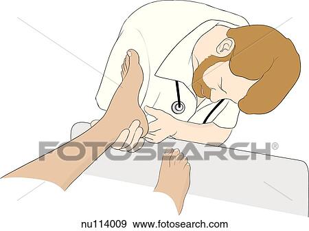 Stock Illustration - Male nurse shown assessing pressure area on back of foot of patient in hospital bed. Only foot and lower leg of patient are shown.. Fotosearch