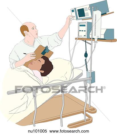 Male nurse (standing on far side of patient's hospital bed holding clipboard) reaches up to adjust cardiac monitor. Patient lies slightly elevated with eyes closed. View Large Illustration Stock Illustration - Male nurse (standing on far side of patient's hospital bed holding clipboard) reaches up to adjust cardiac monitor. Patient lies slightly elevated with eyes closed.. Fotosearch