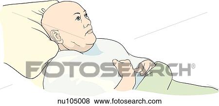 Stock Illustration - Male patient slightly elevated in hospital bed, eyes open, shown from waist up. . Fotosearch