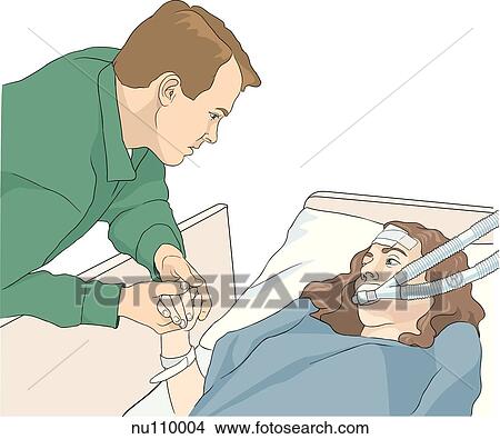 Man in street clothes leans over bed rail to hold hands with woman patient in intensive care unit. View Large Illustration Stock Illustration - Man in street clothes leans over bed rail to hold hands with woman patient in intensive care unit.. Fotosearch
