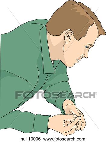 Man in street clothes leans over bed rail. View Large Illustration Stock Illustration - Man in street clothes leans over bed rail.. Fotosearch