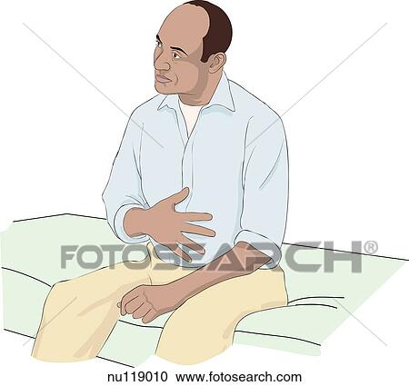 Clipart - Man sits on edge of bed holding stomach.. Fotosearch
