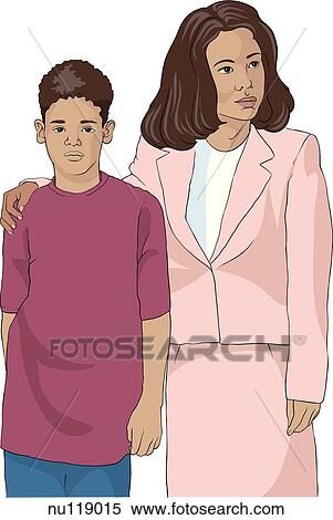 Mother stands next to young boy with her arm draped over his shoulder. View Large Illustration Stock Illustration - Mother stands next to young boy with her arm draped over his shoulder.. Fotosearch
