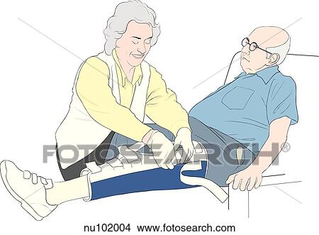 Nurse assisting elderly seated man with leg brace. View Large Illustration Stock Illustration - Nurse assisting elderly seated man with leg brace.. Fotosearch