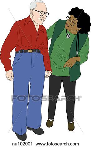 Nurse assisting elderly standing man. View Large Illustration Clip Art - Nurse assisting elderly standing man.. Fotosearch