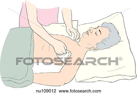 Drawing -  nurse from waist down washing axilla area of elderly female patient with chest and abdomen covered.. Fotosearch