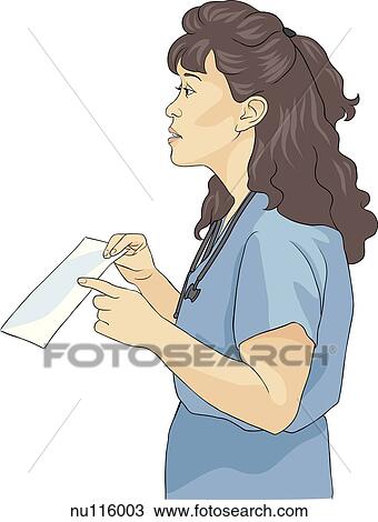 Drawing - Nurse holding and pointing to something in a brochure.. Fotosearch