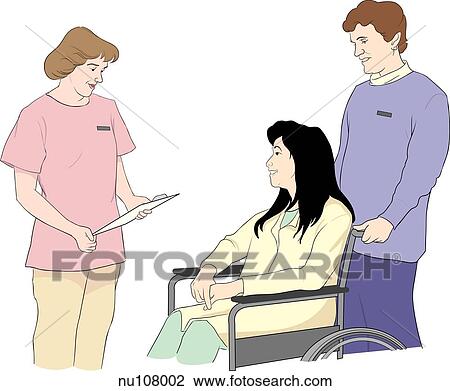 Nurse holding clipboard greets smiling patient in wheel chair, a second healthcare staff member looks on from behind chair. View Large Illustration Drawing - Nurse holding clipboard greets smiling patient in wheel chair, a second healthcare staff member looks on from behind chair.. Fotosearch