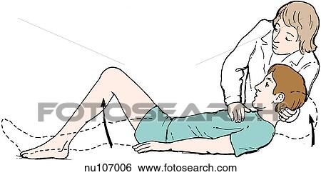 Stock Illustration - Nurse illiciting a positive Brudzinski sign by placing the patient supine an flexion the head upward. Resulting flexion of both the hips, kness and ankles with neck flexion indicate meningeal irritation.. Fotosearch