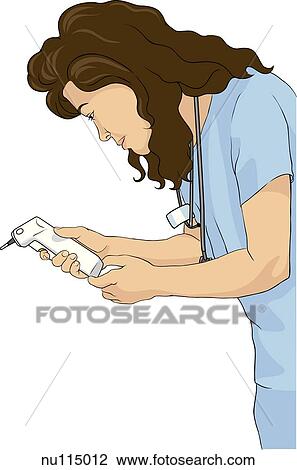 Drawing - Nurse leans forward and holds otoscope as if to perform an ear exam.. Fotosearch