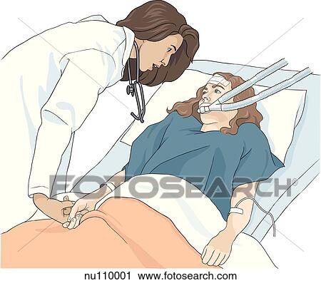 Nurse leans over bed rail to console female patient in intensive care unit. View Large Illustration Clip Art - Nurse leans over bed rail to console female patient in intensive care unit.. Fotosearch