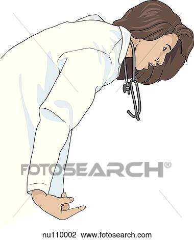 Nurse leans over bed rail to console patient. View Large Illustration Drawing - Nurse leans over bed rail to console patient.. Fotosearch