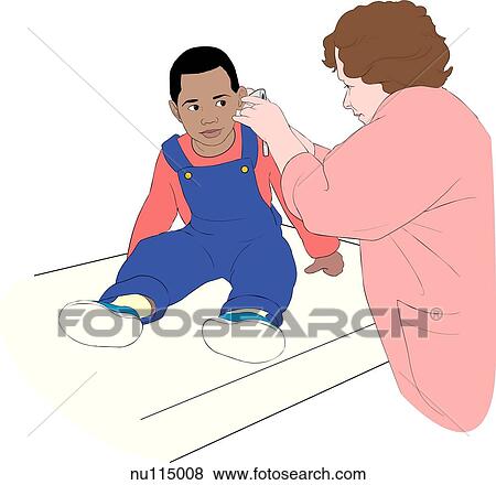 Nurse performing ear examination with otoscope on seated child. View Large Illustration Stock Illustration - Nurse performing ear examination with otoscope on seated child.. Fotosearch