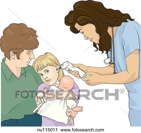 Clip Art - Nurse performs ear examination with otoscope on child held in mother's lap.. Fotosearch