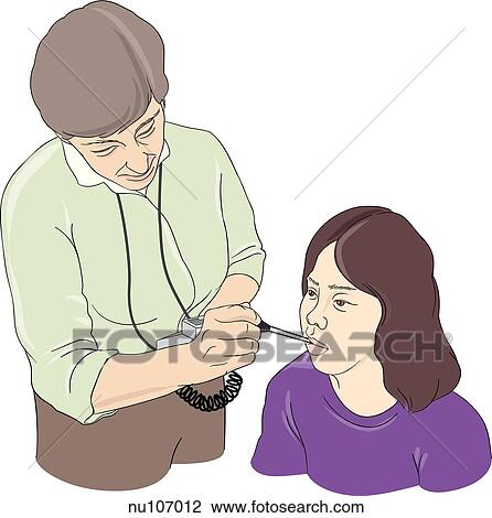 Nurse placing probe of electronic thermometer in mouth of young female patient. View Large Illustration Drawing - Nurse placing probe of electronic thermometer in mouth of young female patient.. Fotosearch