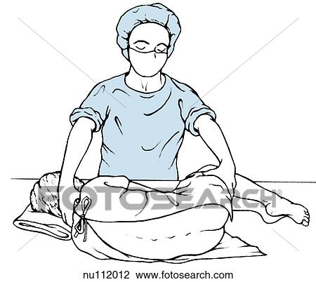 Drawing - Nurse positions patient for a lumbar puncture. Patient lies on side with back slightly rounded and knees flexed toward abdomen. Nurse holds patient at neck and behind knees.. Fotosearch