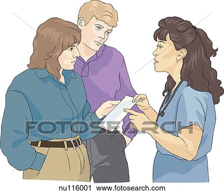Nurse showing young couple a brochure. View Large Illustration Clip Art - Nurse showing young couple a brochure.. Fotosearch