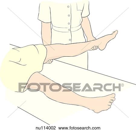 Nurse shown from waist down adducting hip by holding ankle and thigh and moving straightened leg. View Large Illustration Drawing - Nurse shown from waist down adducting hip by holding ankle and thigh and moving straightened leg.. Fotosearch