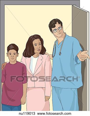 Nurse stands in doorway and extends hand to show mother and young boy hospital room. View Large Illustration Drawing - Nurse stands in doorway and extends hand to show mother and young boy hospital room.. Fotosearch