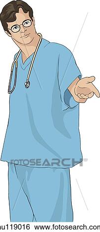 Stock Illustration - Nurse wearing stethoscope and scrubs, stands and extends hand as if to demonstrate something.. Fotosearch