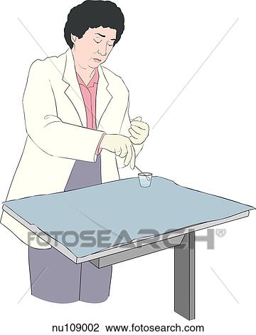 Drawing - On sterile field, nurse wearing gloves dips applicator into cleansing solution. . Fotosearch
