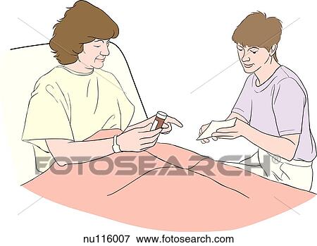 Patient in hospital bed holds bottle of pills and receives instructions from nurse holding piece of paper. View Large Illustration Stock Illustration - Patient in hospital bed holds bottle of pills and receives instructions from nurse holding piece of paper.. Fotosearch