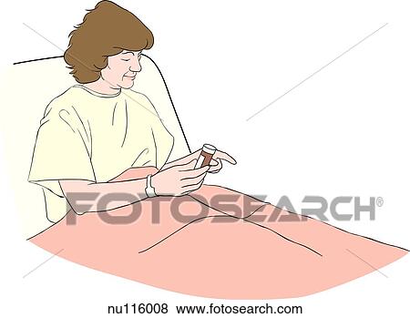 Stock Illustration - Patient in hospital bed holds bottle of pills and reads label.. Fotosearch