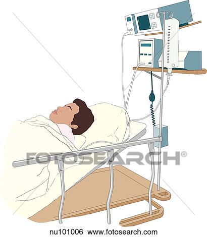 Patient lies in hospital bed, slightly elevated, with eyes closed. Cardiac monitor, IV stand and other equipment are seen at head of bed. View Large Illustration Stock Illustration - Patient lies in hospital bed, slightly elevated, with eyes closed. Cardiac monitor, IV stand and other equipment are seen at head of bed.. Fotosearch