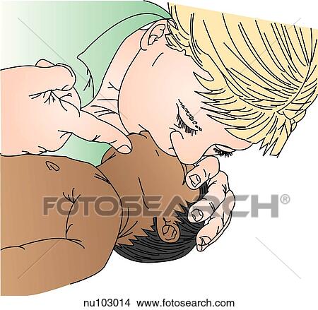 Stock Illustration - Rescue breathing in infant. Rescuer's mouth covers infant's nose and mouth. One hand performs head tilt while other hand lifts infant's jaw.. Fotosearch