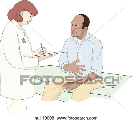 Stock Illustration - Seated man holding stomach faces nurse writing on clipboard.. Fotosearch