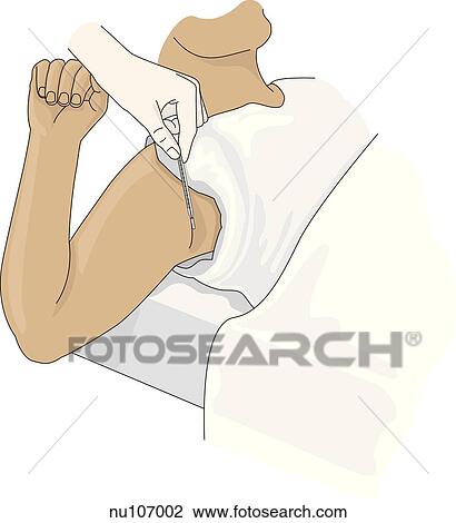 Drawing - Shoulder, underarm, and arm of patient shown with hand placing bulb of thermometer in the center of the axilla.. Fotosearch