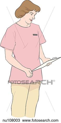 Drawing - Smiling nurse looks down at clipboard she is holding.. Fotosearch