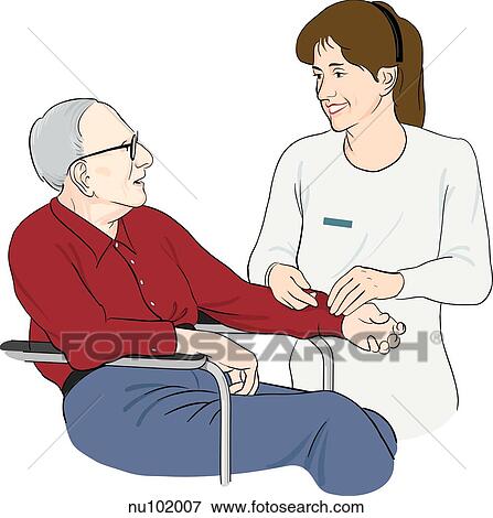 Smiling nurse standing next to and touching arm of, seated elderly man. View Large Illustration Stock Illustration - Smiling nurse standing next to and touching arm of, seated elderly man.. Fotosearch